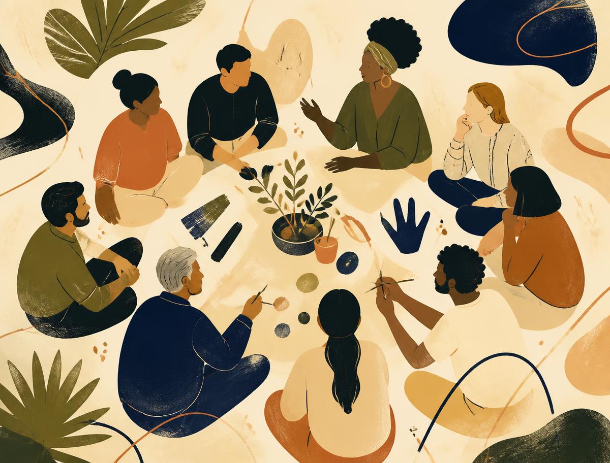 Illustration of a diverse group sitting in a circle, listening and creating together