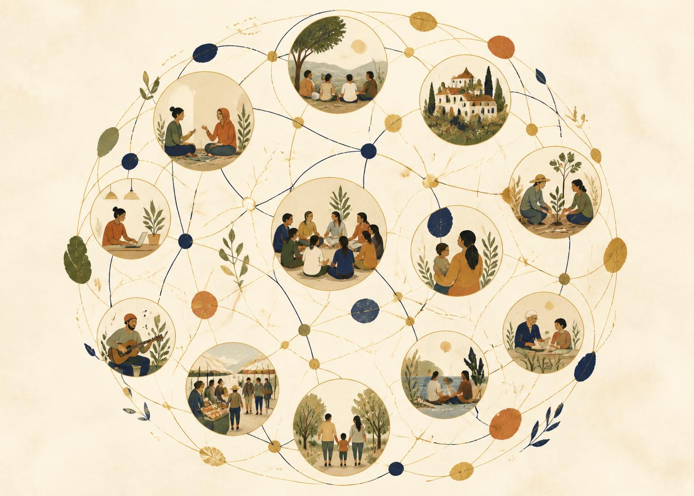 Many small local community scenes connected by lines into one global network