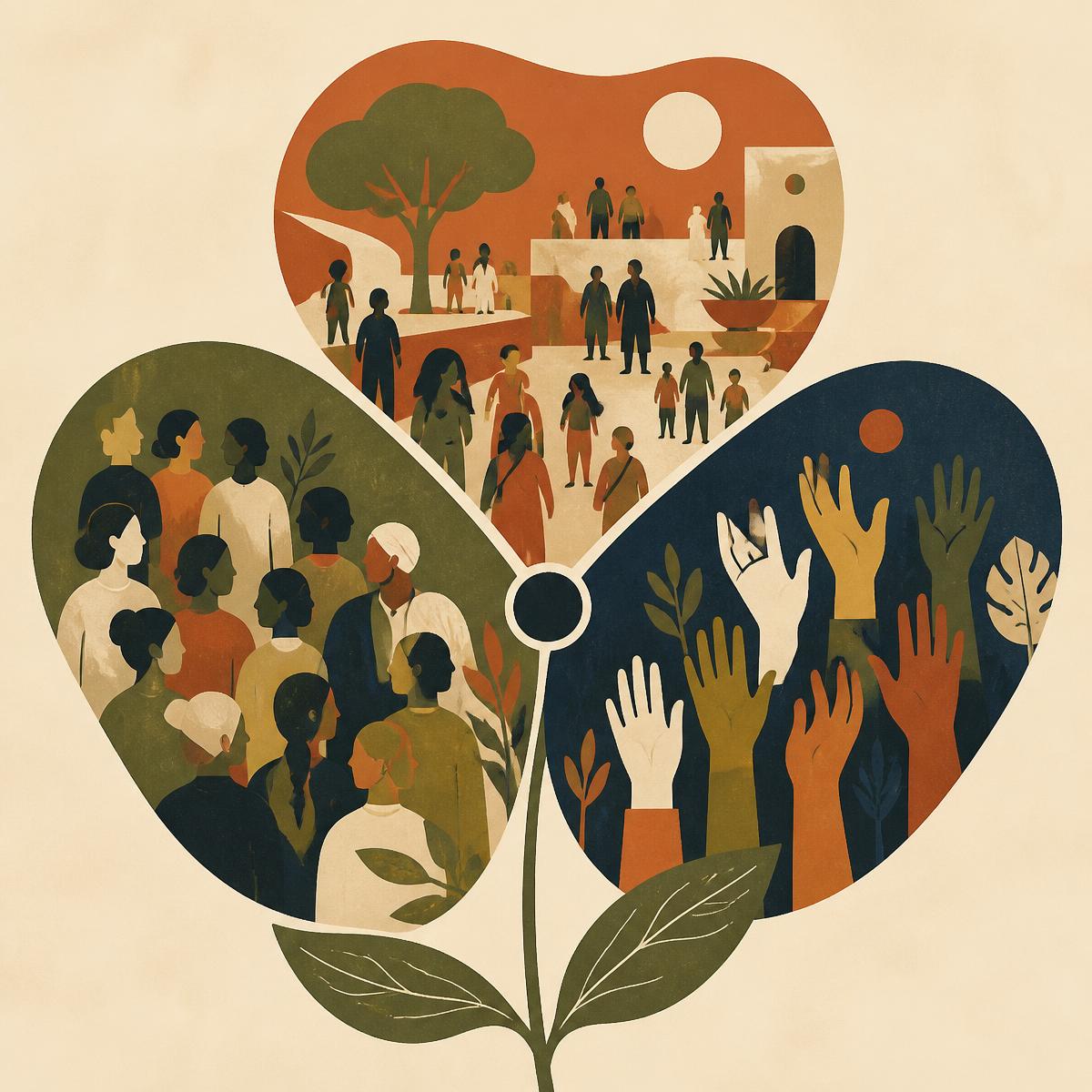 Three overlapping petals forming one flower: artists, communities and partners